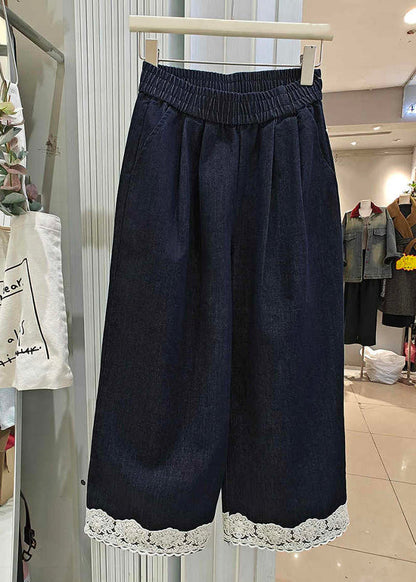 Patchwork Lace Loose Crop Summer Denim Navy Pockets Pants