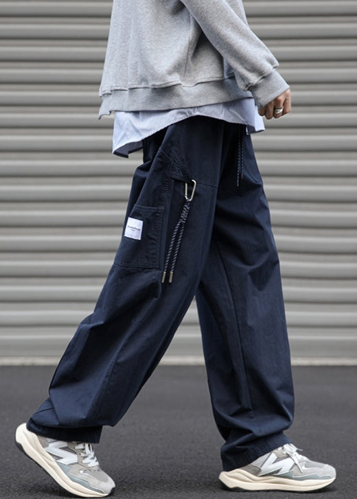 Drawstring Navy Pants Pockets Solid Mens Cotton Spring Loose