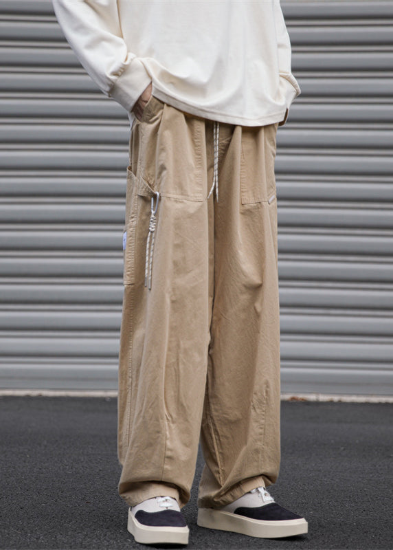 Drawstring Navy Pants Pockets Solid Mens Cotton Spring Loose