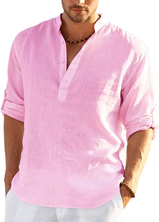 Cotton Navy Fall Loose Collar Shirts Button Solid Stand Mens