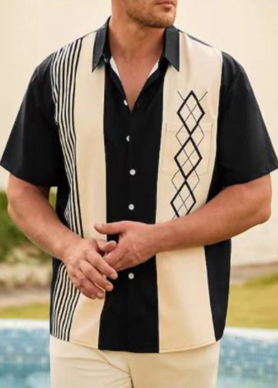 Patchwork Navy Striped Men Loose Cotton Shirts Summer