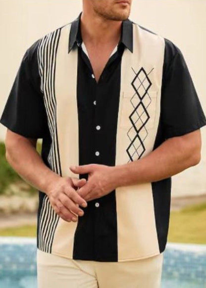 Patchwork Navy Striped Men Loose Cotton Shirts Summer