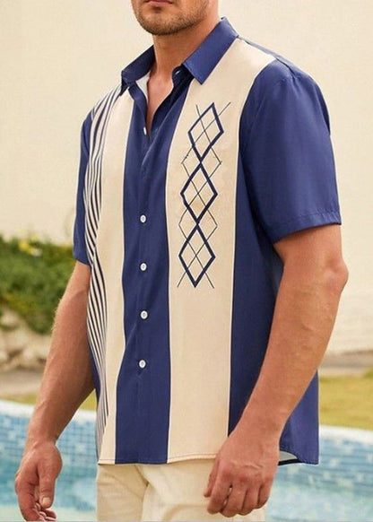 Patchwork Navy Striped Men Loose Cotton Shirts Summer