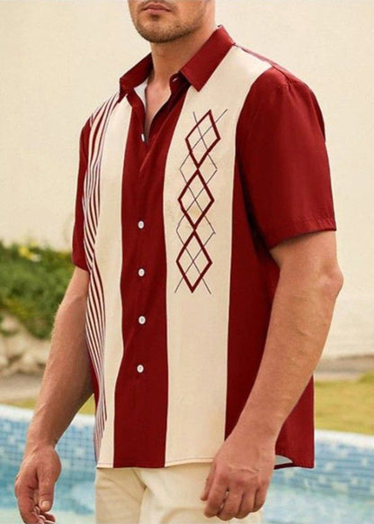 Patchwork Navy Striped Men Loose Cotton Shirts Summer