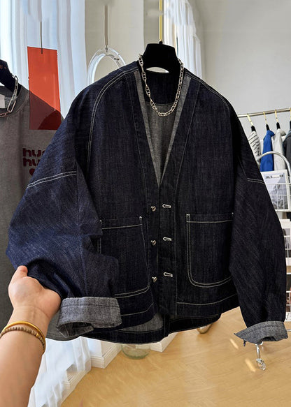 Coats Sleeve Batwing Denim Navy V Pockets Button Neck Loose