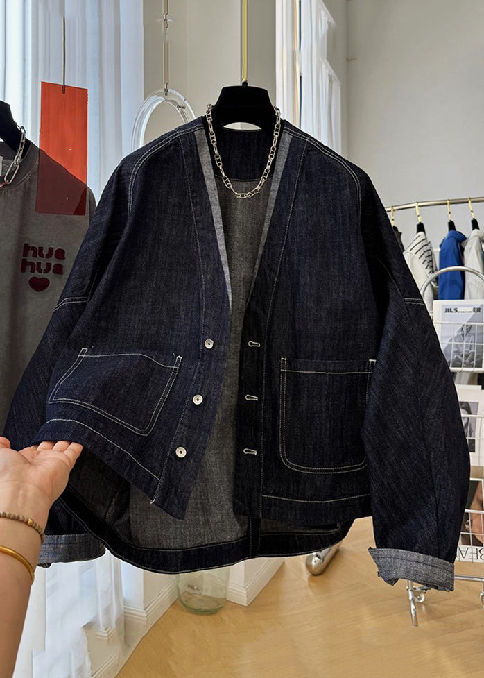 Coats Sleeve Batwing Denim Navy V Pockets Button Neck Loose