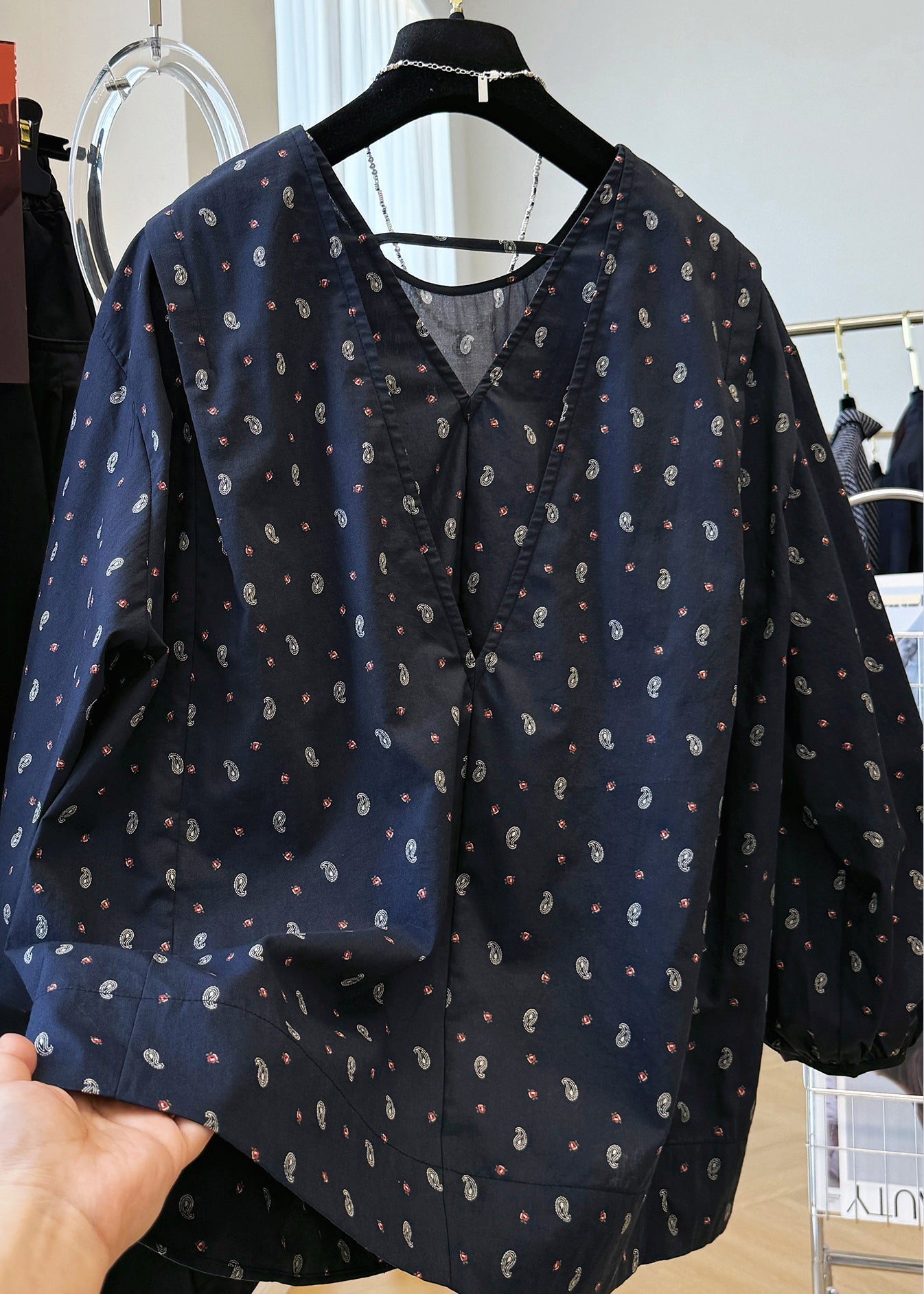 Fall Cotton Loose Print V Shirts Neck Navy