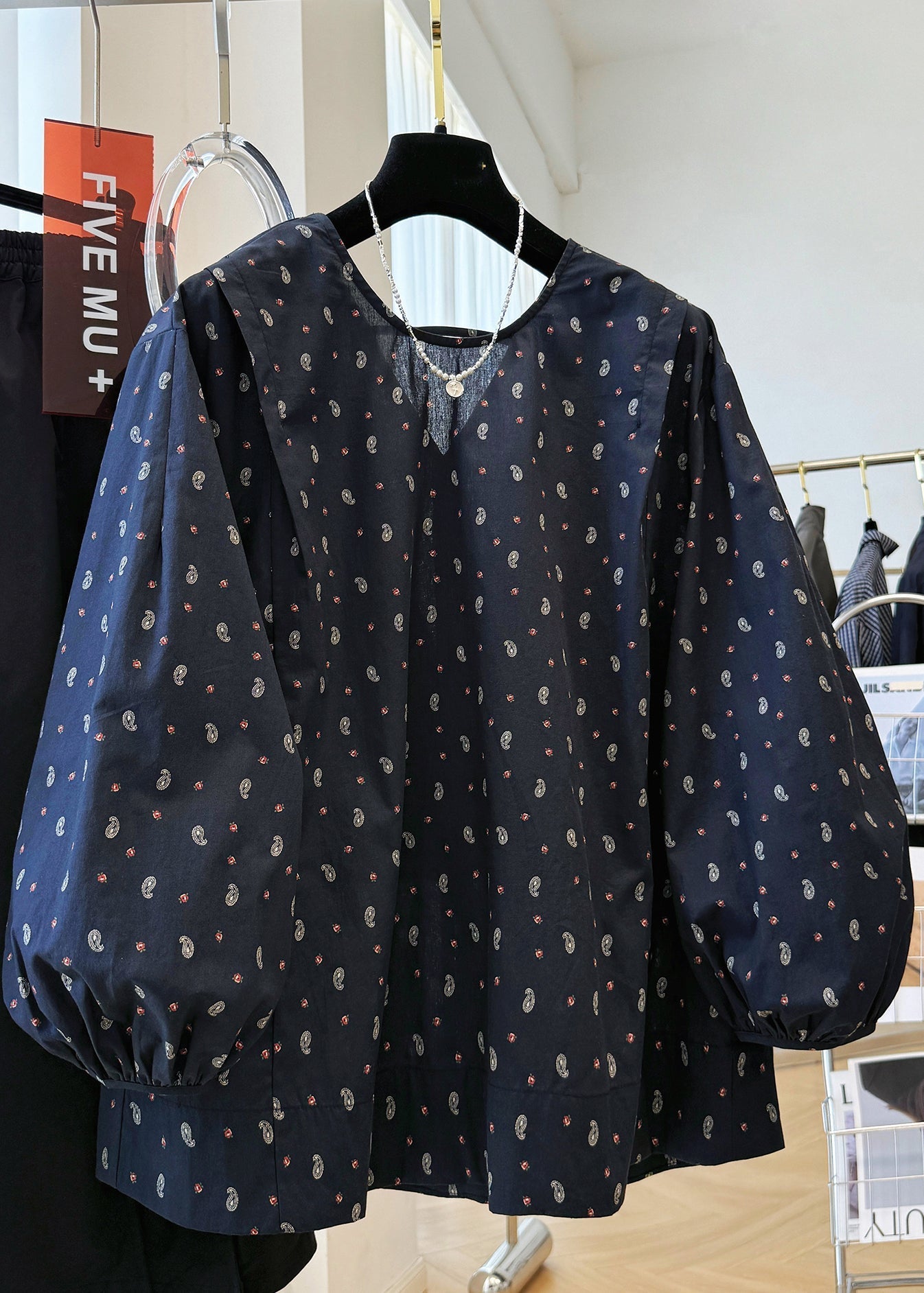 Fall Cotton Loose Print V Shirts Neck Navy