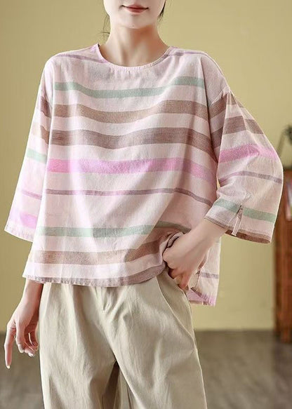 O Shirt Linen Cozy Loose Striped Bracelet T Neck Sleeve