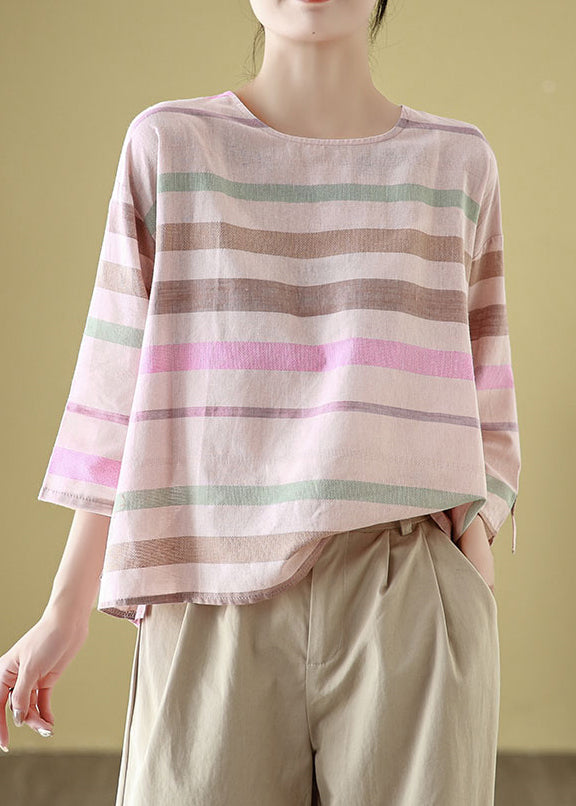 O Shirt Linen Cozy Loose Striped Bracelet T Neck Sleeve