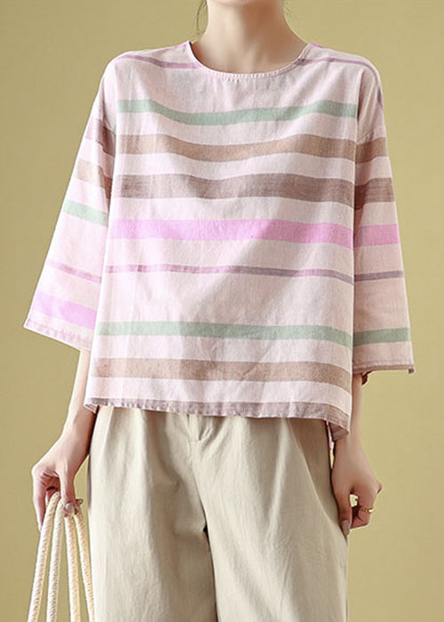O Shirt Linen Cozy Loose Striped Bracelet T Neck Sleeve
