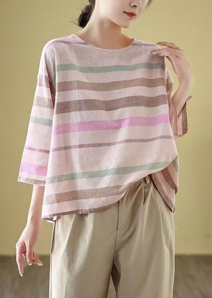 O Shirt Linen Cozy Loose Striped Bracelet T Neck Sleeve