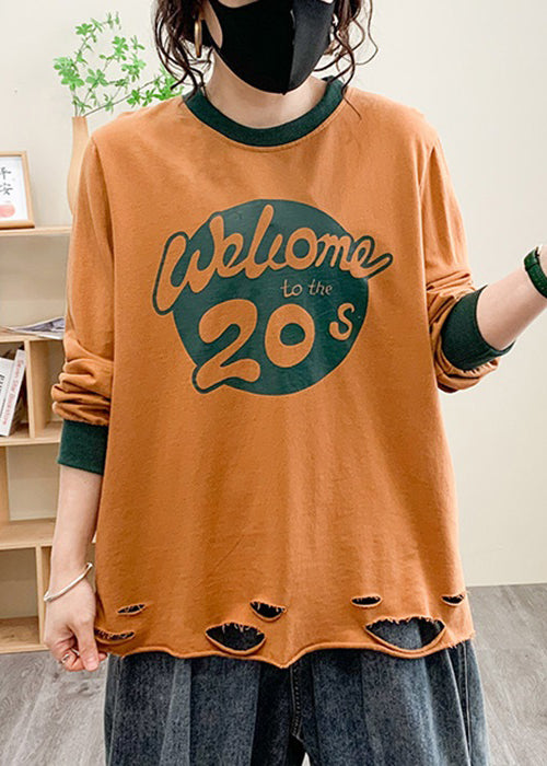 Loose Orange O Neck Print Cotton T Shirt Fall AU1036