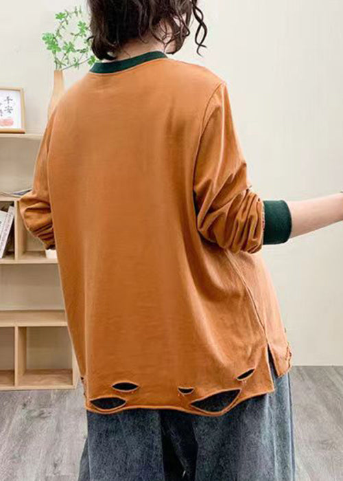 Loose Orange O Neck Print Cotton T Shirt Fall AU1036