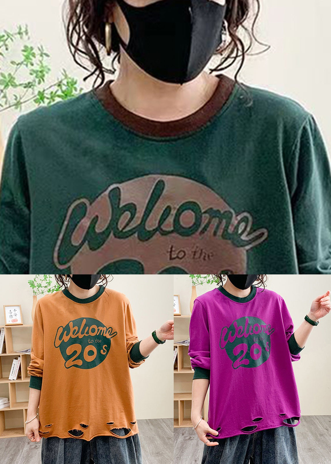 Loose Orange O Neck Print Cotton T Shirt Fall AU1036