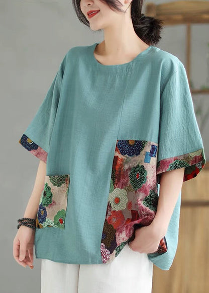 Sleeve Orange Print Tops Short O-Neck Loose