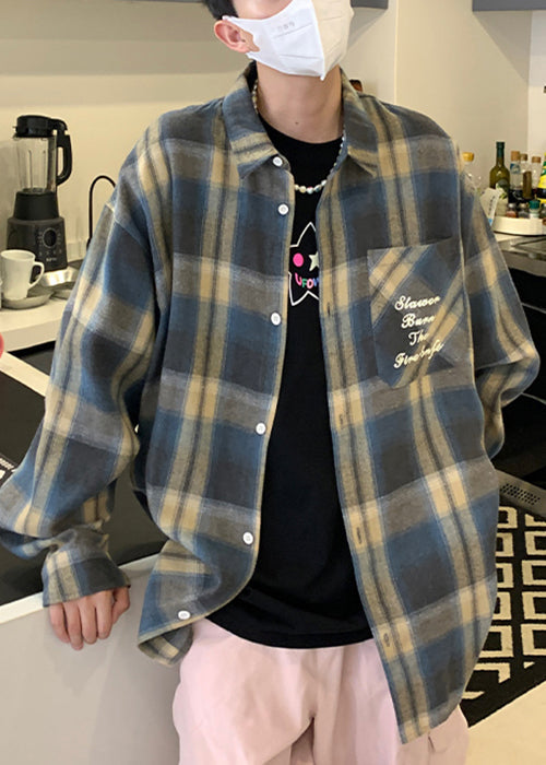 Collar Shirt Loose Orange Peter Plaid Pan Spring Cotton Men