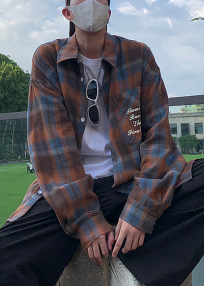 Collar Shirt Loose Orange Peter Plaid Pan Spring Cotton Men