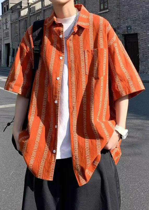 Collar Summer Orange Loose Men Cotton Shirt Peter Striped Pan
