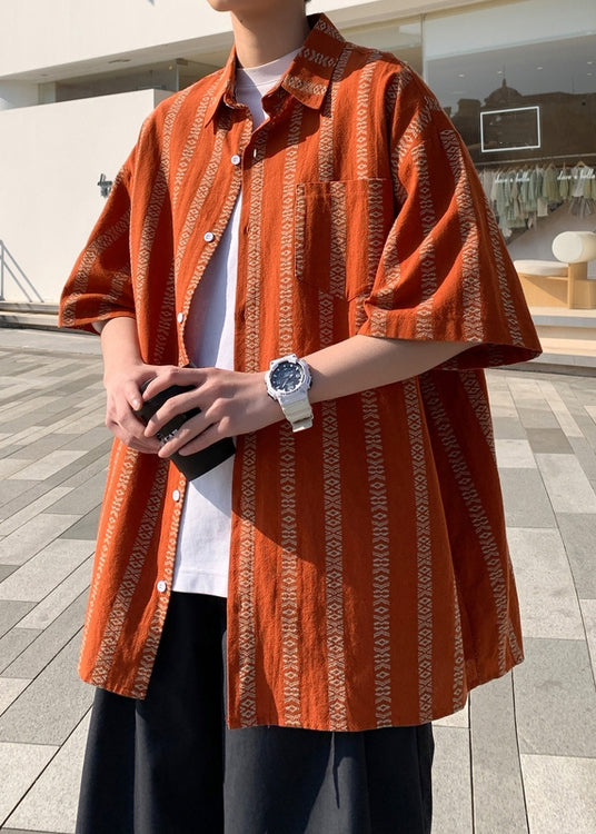 Collar Summer Orange Loose Men Cotton Shirt Peter Striped Pan
