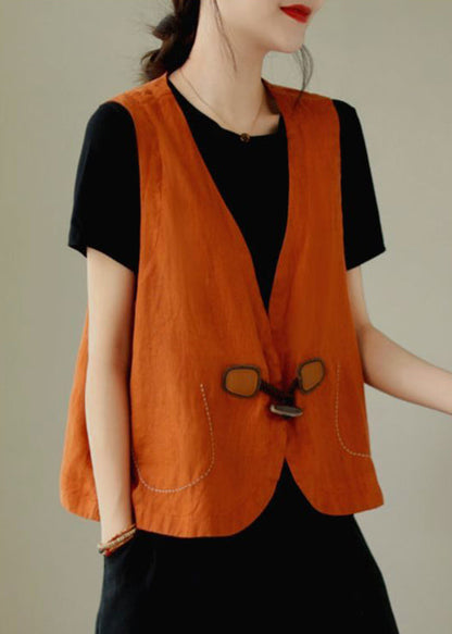 Neck Sleeveless Waistcoat Loose Linen V Button Orange
