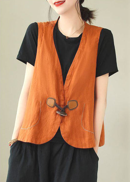 Neck Sleeveless Waistcoat Loose Linen V Button Orange