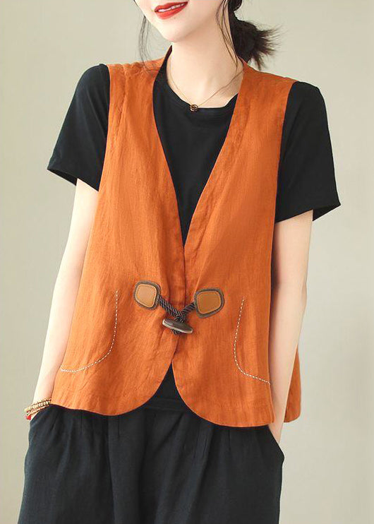 Waistcoat Linen Button Loose Neck V Orange Sleeveless