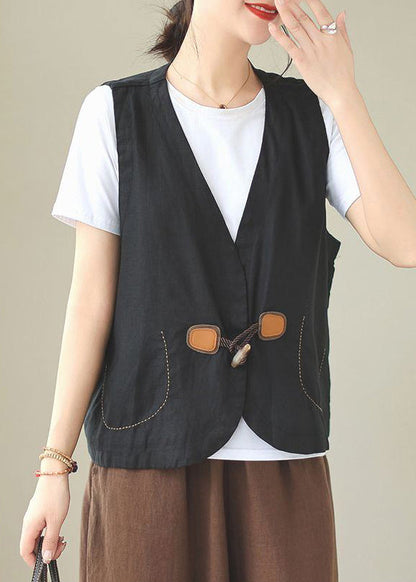 Waistcoat Linen Button Loose Neck V Orange Sleeveless
