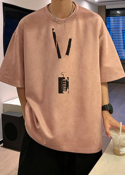 Shirts T Pea Summer Suede Faux Green Loose Neck O Men Print