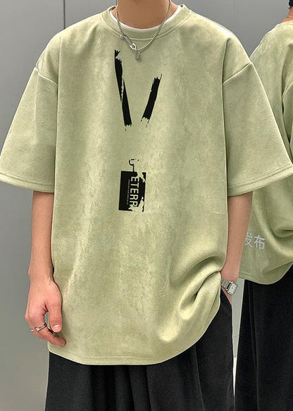 Shirts T Pea Summer Suede Faux Green Loose Neck O Men Print
