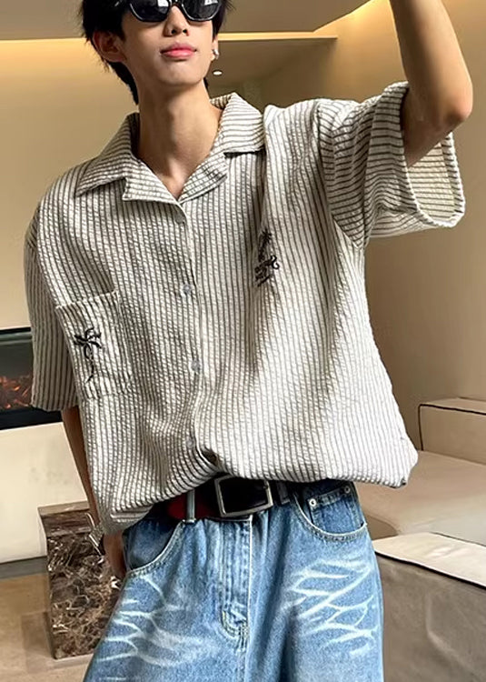 Collar Mens Shirts Pan Summer Striped Peter Loose Cotton Pockets