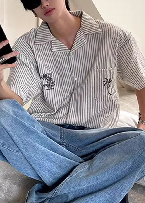 Collar Mens Shirts Pan Summer Striped Peter Loose Cotton Pockets