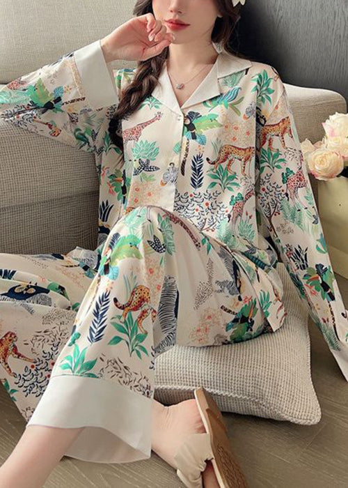 Loose Photo Color Peter Pan Collar Print Ice Silk PajamasTwo Pieces Set Spring YK006