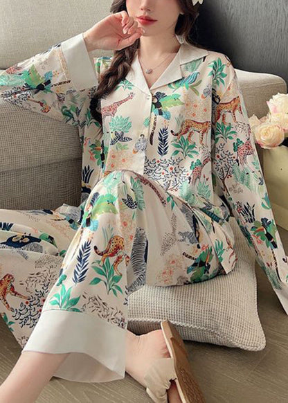 Loose Photo Color Peter Pan Collar Print Ice Silk PajamasTwo Pieces Set Spring YK006