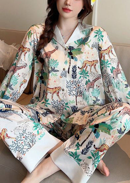Loose Photo Color Peter Pan Collar Print Ice Silk PajamasTwo Pieces Set Spring YK006