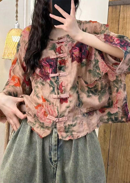 Loose Pink Button Print Pockets Linen Top Spring GG019