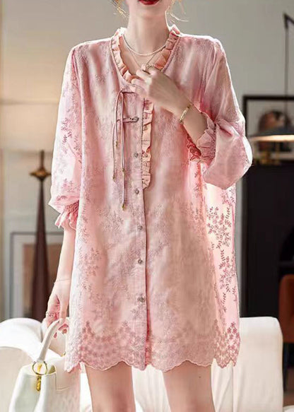 Loose Pink Embroidered Ruffled Button Cotton Shirts Dress Butterfly Sleeve RH037