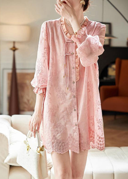 Loose Pink Embroidered Ruffled Button Cotton Shirts Dress Butterfly Sleeve RH037