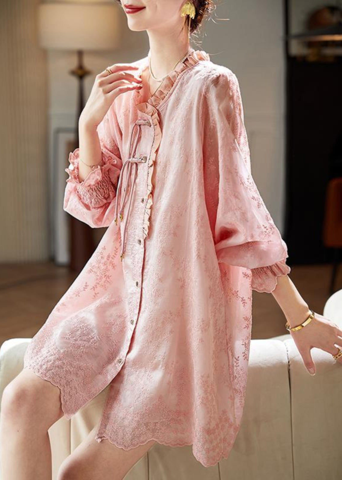 Loose Pink Embroidered Ruffled Button Cotton Shirts Dress Butterfly Sleeve RH037