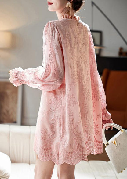 Loose Pink Embroidered Ruffled Button Cotton Shirts Dress Butterfly Sleeve RH037