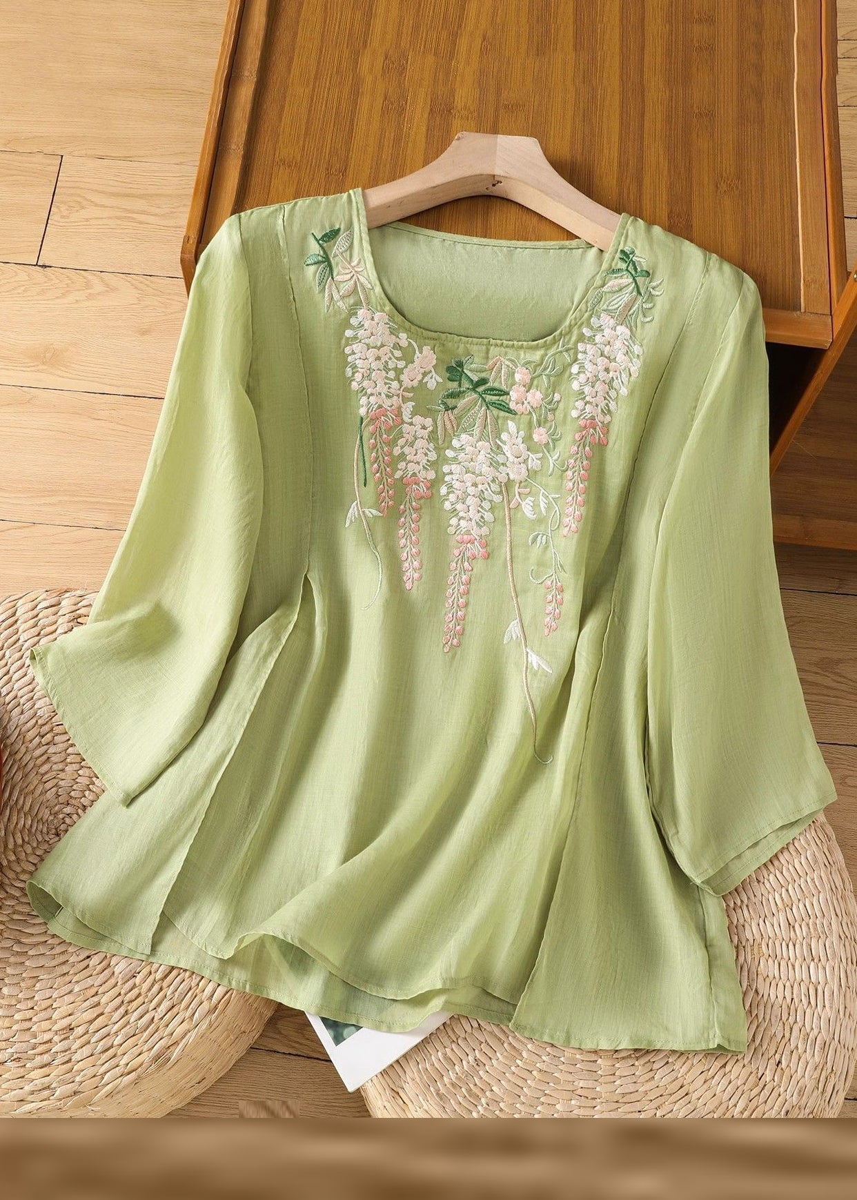 Embroidered Linen Loose Solid Bracelet Pink Sleeve Shirt T