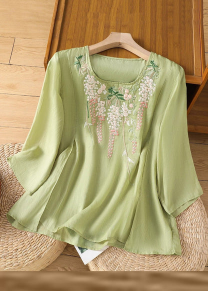 Embroidered Linen Loose Solid Bracelet Pink Sleeve Shirt T