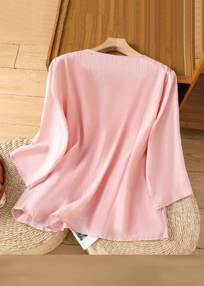 Embroidered Linen Loose Solid Bracelet Pink Sleeve Shirt T