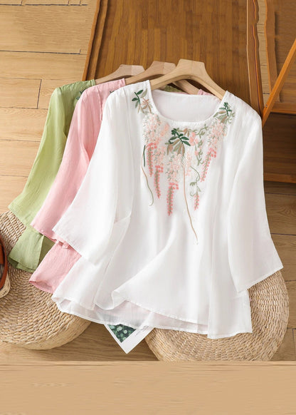 Embroidered Linen Loose Solid Bracelet Pink Sleeve Shirt T