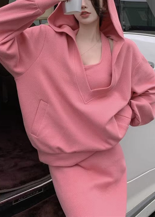 Loose Pink Hooded Pockets Tops And Dress Cotton Two Pieces Set Spring YT001