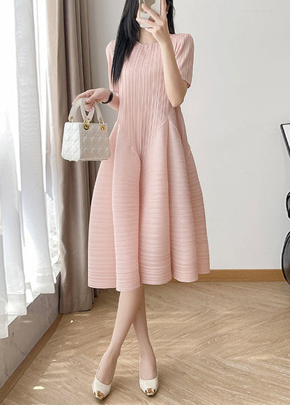 Cotton Wrinkled O Neck Dresses Loose Summer Pink