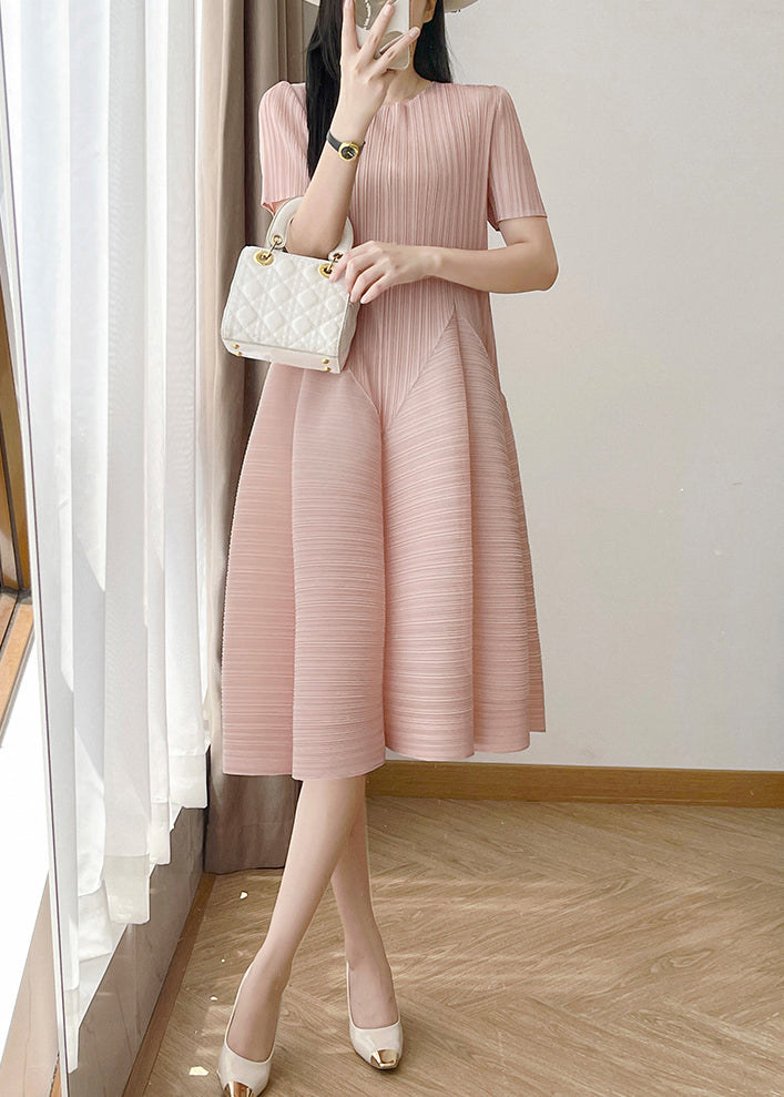 Cotton Wrinkled O Neck Dresses Loose Summer Pink