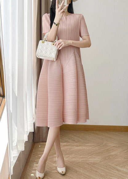 Cotton Wrinkled O Neck Dresses Loose Summer Pink