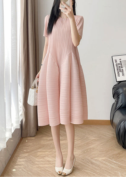 Cotton Wrinkled O Neck Dresses Loose Summer Pink