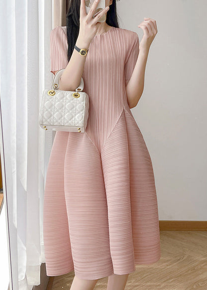 Cotton Wrinkled O Neck Dresses Loose Summer Pink